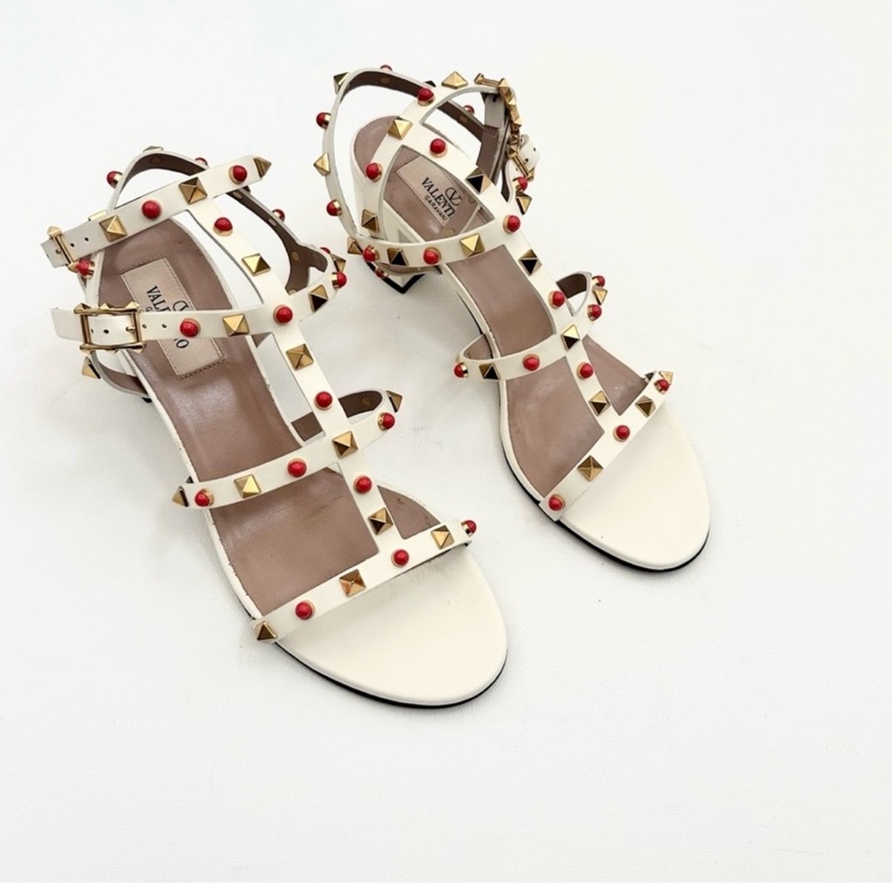 Valentino Garavani White Leather Studded Sandals with Red Accents
